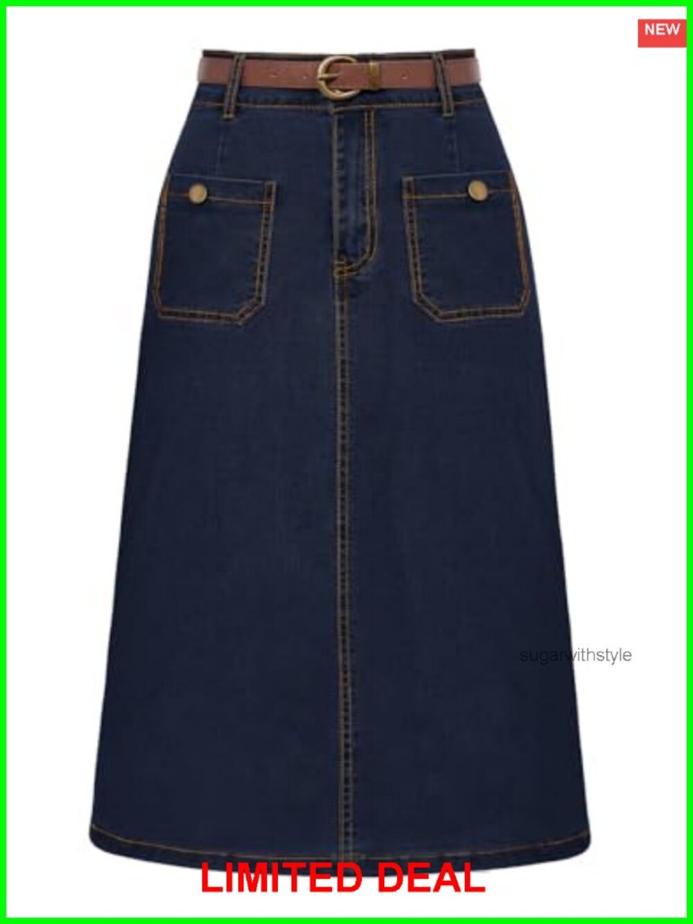 High Waisted Denim Skirt Below Knee Length Cotton Blend with Belt